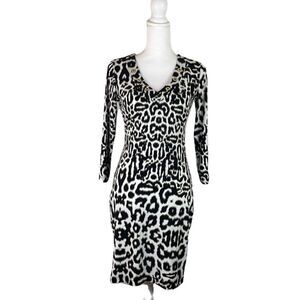 Size P Calvin Klein Cheetah Dress 3/4 Sleeve Gold Circles at Neckline Fall Dress